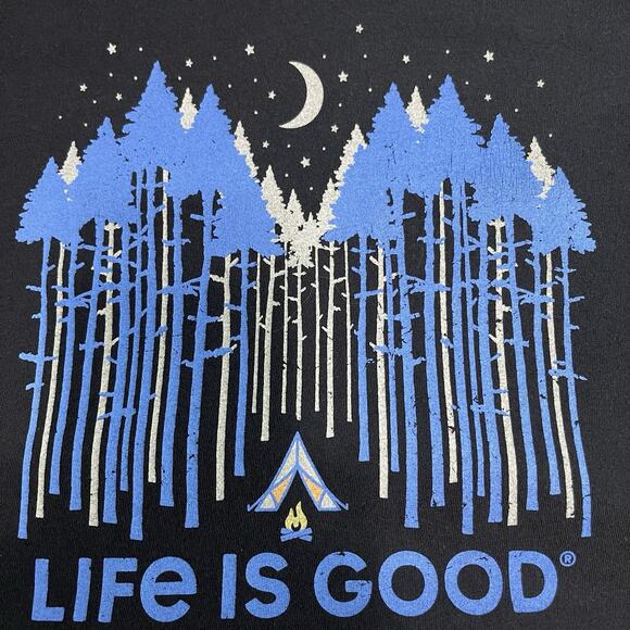 Life Is Good T-Shirt Mens XL Black Crusher Tee Camping Tent Woods Scene - Picture 1 of 7